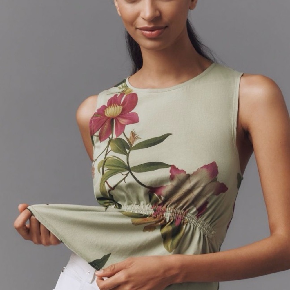Anthropologie Green Floral Cotton Gathered Tank Top - Picture 2 of 10